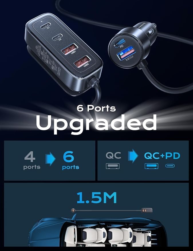 AINOPE 108W Multiple Ports Car Charger, Road Trip Essentials for Kids,Travel Essentials for Long Trips,6-Port USB C Cigarette Lighter Adapter Fast Charging for iPhone 17 16 15[+5FT Cable]Mother‘s Day