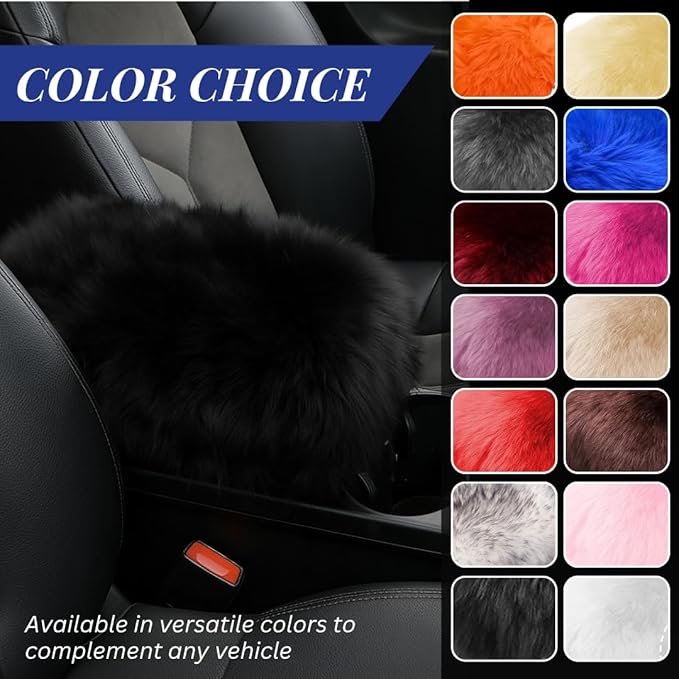 Andalus Brands Pure Australian Sheepskin Fluffy Car Center Console Cover, Luxurious Non-Shedding Furry Arm Rest Cover for Car, Versatile for All Seasons, Black - (11.47" X 6.3")