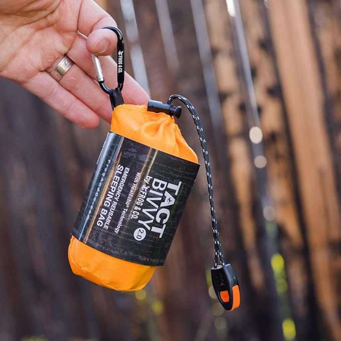 Survival Frog Tact Bivvy 2.0 Emergency Sleeping Bag with Stuff Sack, Carabiner & Survival Whistle – Compact, Lightweight, Waterproof, Reusable Thermal Bivy Sack Shelter Kit