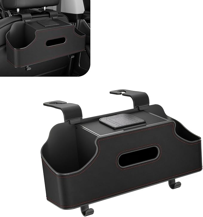 1 PC Car Seat Back Organizer, Car Back Seat Multi-Function Storage Box with 2 Drink Cup Holders, 11.42" x 3.35" Leather Tissue Organizer, Universal for Most Cars, Trucks, SUVs (Black)