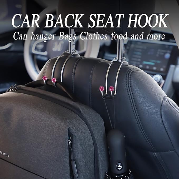 SAVORI Auto Hooks Bling Car Hangers Organizer Seat Headrest Hooks Strong and Durable Backseat Hanger Storage Universal for SUV Truck Vehicle 2 Pack (Fuchsia)