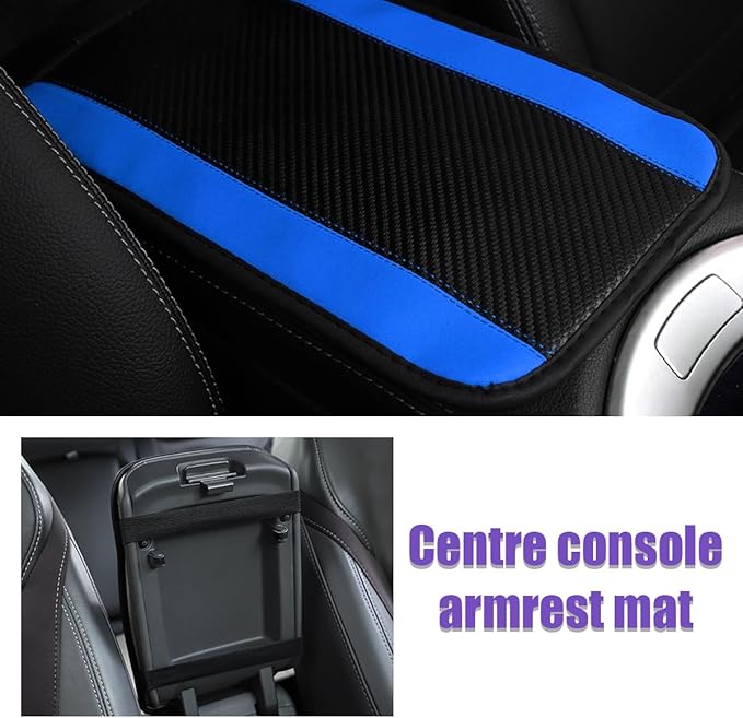 Car Center Console Pad, PU Leather Auto Armrest Seat Box Cover Protector, Comfortable Arm Rest Storage Box Mat for Vehicle Interior Protection, Universal Car Accessories (Carbon Fiber Blue)