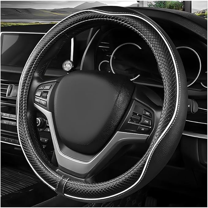 Car Steering Wheel Cover, 15 Inch Anti-Slip Breathable Leather Auto Steering Wheel Protector, Full Surround Soft Steering Wheel Cover for Men Women, Car Interior Accessories (Black & White)