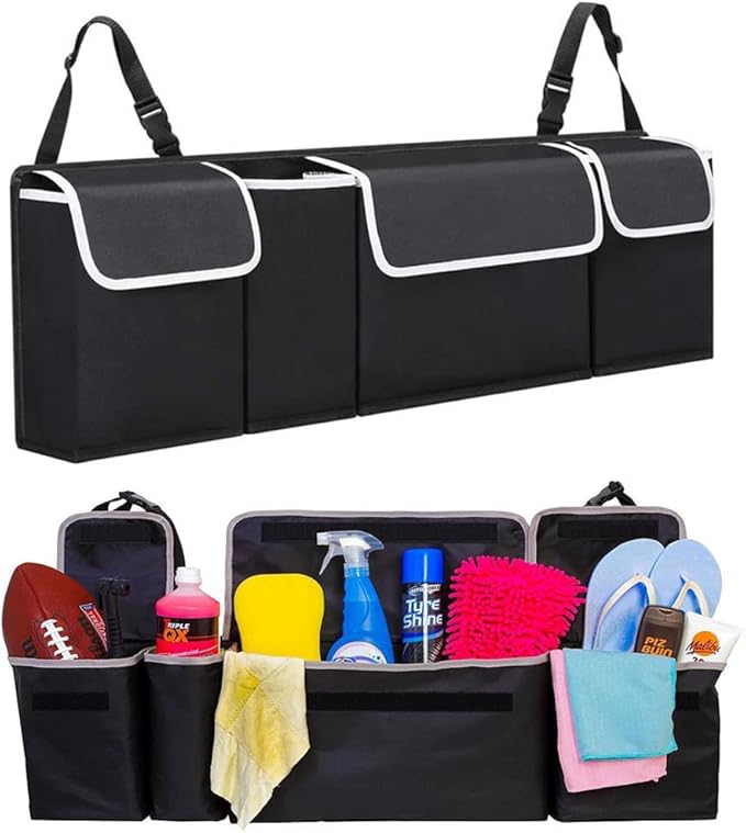 Tianle Backseat Trunk Organizer for Car - Durable Trunk Hanging Storage Bag with 4 Large Storage Pocket & 3 Adjustable Buckles Space Saving Expert (Black A)