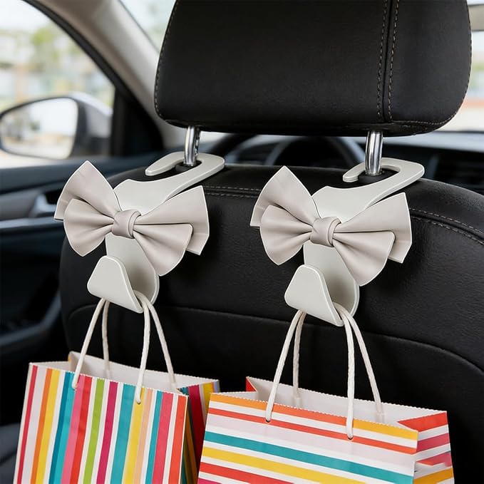 2PCS Cute Bow Car Seat Headrest Hook, Multifunctional Backseat Storage Hanger for Purse Handbag Coat, Automotive Seat Back Bag Holder Organizer, Universal for SUV RV Truck (White)