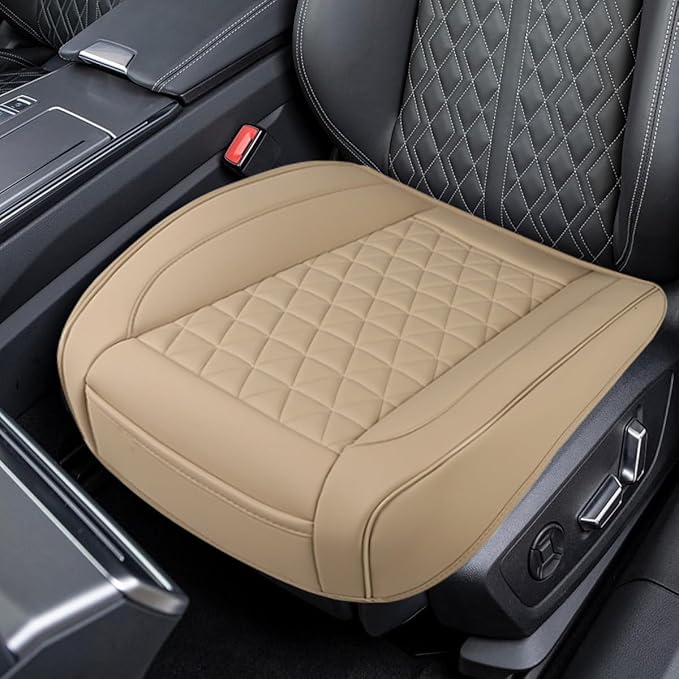 Luxury Faux Leather Car Seat Cover, Anti-Slip Waterproof Universal Front Bottom Seat Protector with Storage Pocket, Triangular Pattern Vehicle Seats Cushion for Sedans, SUVs, Trucks (Beige)