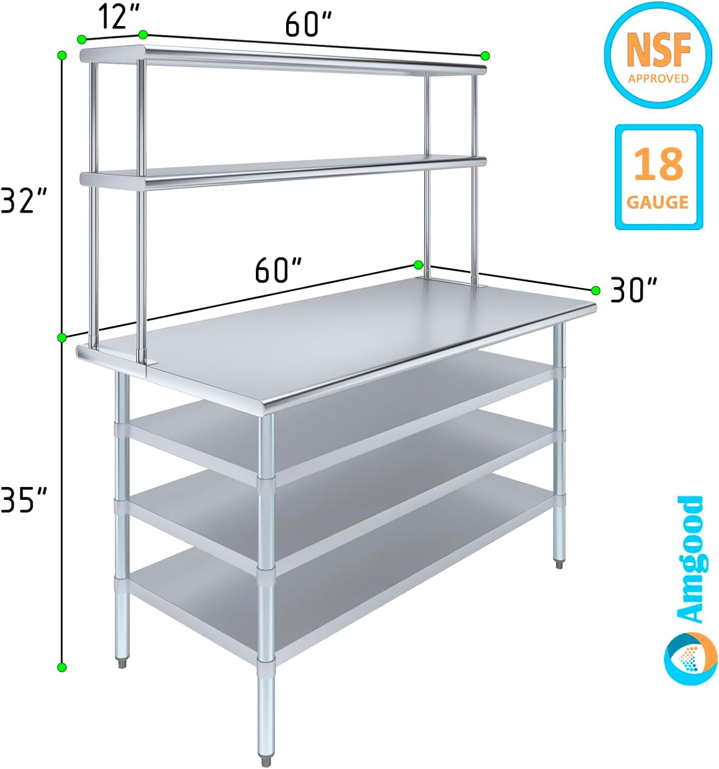 Amgood 30" x 60" Stainless Steel Work Table with 3 Shelves and 12" Wide Double Tier Overshelf | Metal Kitchen Prep Table & Shelving Combo | NSF