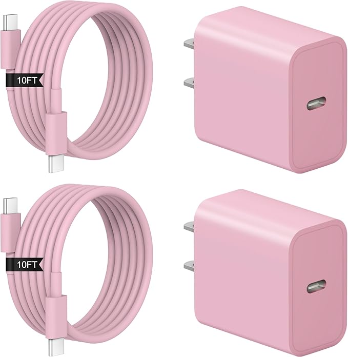 iPhone 17 16 15 Charger Fast Charging 2+2Pack 20W USB C Wall Charger with 10FT Fast Charging Cable Compatible with iPhone 17/17 Air/17 Pro/17 Pro Max/iPhone 16/15 Series, iPad Pro/AirPods-Pink