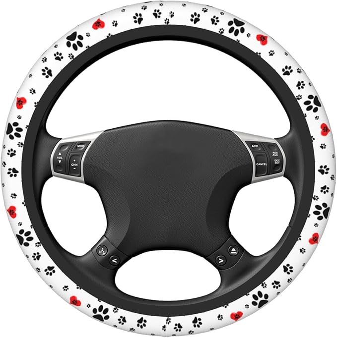 Dog Paws Print Steering Wheel Cover Women Men Elastic Stretch Soft Car Wheel Protector Universal Breathable No-Slip Car Accessories for Truck Van SUV Auto Fit 14-15 Inches