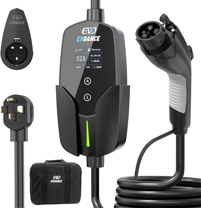 EVDANCE Level 2 EV Charger (32Amp, 240V, NEMA 14-50P), 7.68kW Fast Portable & Home Electric Car Charger with 25ft Cable, Adjustable Current/Delay Chargin for J1772 EVs