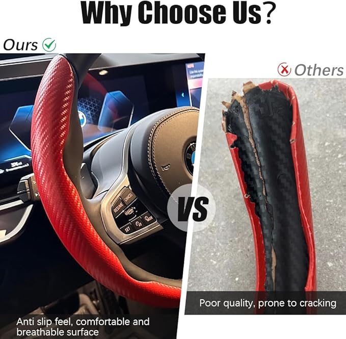 Pincuttee Carbon Fiber Steering Wheel Cover - 3PC, Universal Non Slip Steering Wheel Protector, Car Interior Accessories (Matte Red)