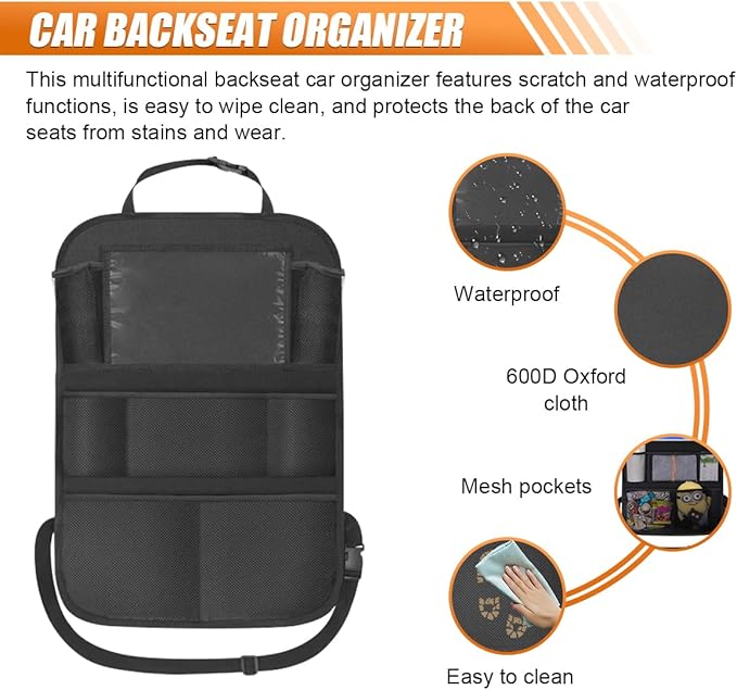 Car Backseat Organizer with 10'' Tablet Holder, Oxford Fabric Auto Seat Back Protector Kick Mats for Kids, Car Back Seat Storage Pockets Organizer, Essentials Travel Accessories for Road Trip (1PC)