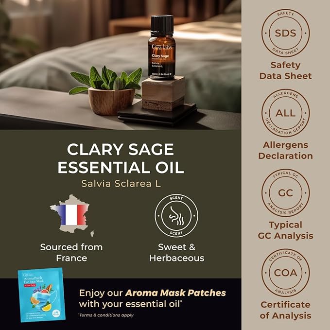 100% Pure Clary Sage Essential Oil - 0.34 Fl Oz - Clary Sage Oil for Hair, Skin, Diffuser, Aromatherapy & DIY Candle Making Scent