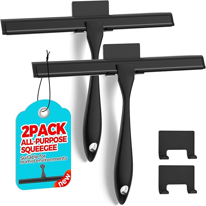 ALFLOD 2PACK All-Purpose Shower Squeegee for Shower Doors, Tile Shower Walls, Bathroom, Window, Glass and Car Windshield, Mirrors and Kitchen-Stainless Steel, 9.8 Inches, Black