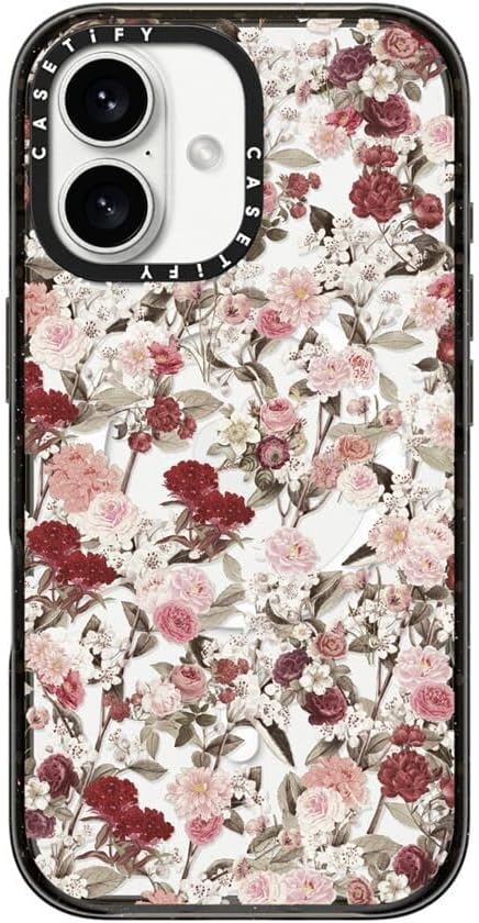 CASETiFY Impact Case for iPhone 16 [8.2ft 4X Military Grade Drop Protection/Compatible with Magsafe] - Vintage Flower Monday - Clear Black