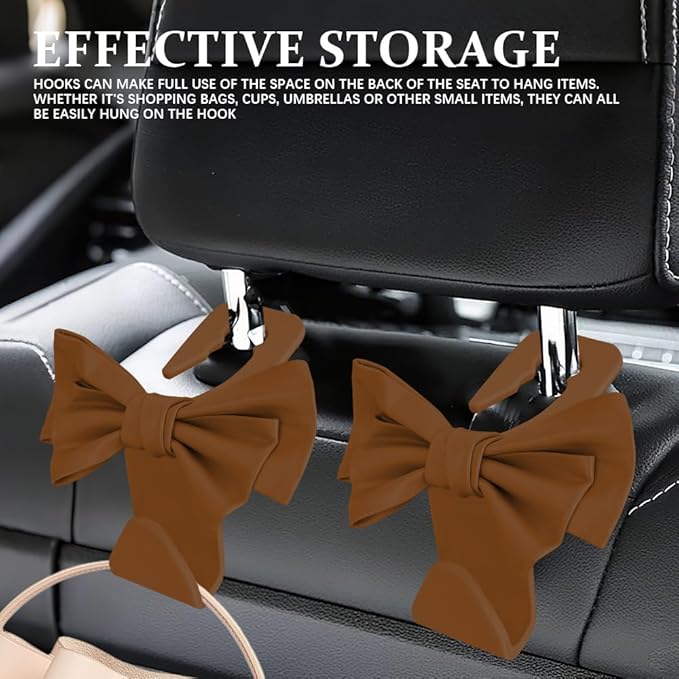 2PCS Car Purse Hooks, Car Hooks for Purses and Bags Cute, Cute Bow Shaped Vehicle Backseat Storage Hanger, Auto Leather Bow Back Seat Storage Hanging Holder Universal for Women Girls (Brown)