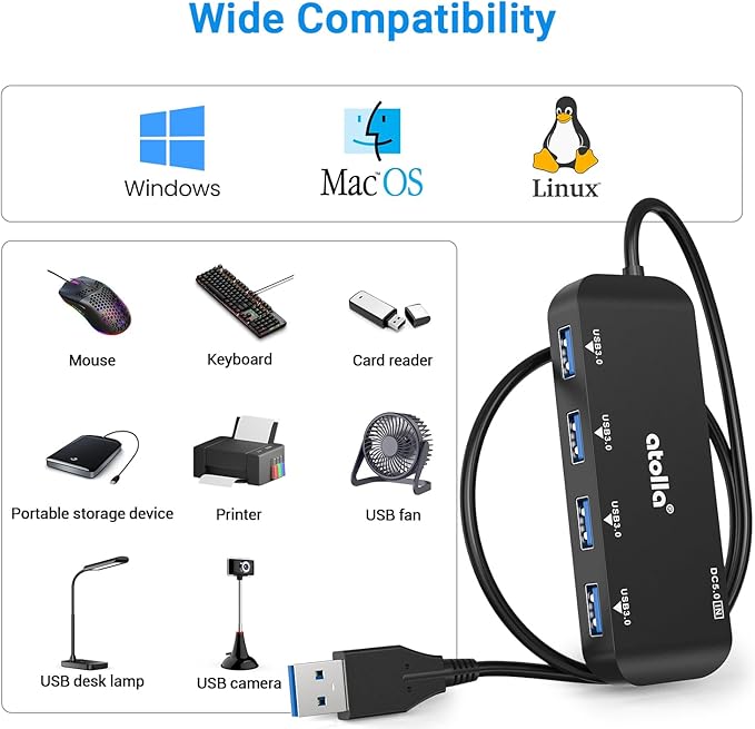 USB 3.0 Hub 4-Port with 2ft Cable — High-Speed 5Gbps Data Expander for Laptop & PC, Ultra-Slim Portable USB Splitter Compatible with Windows/macOS/Linux