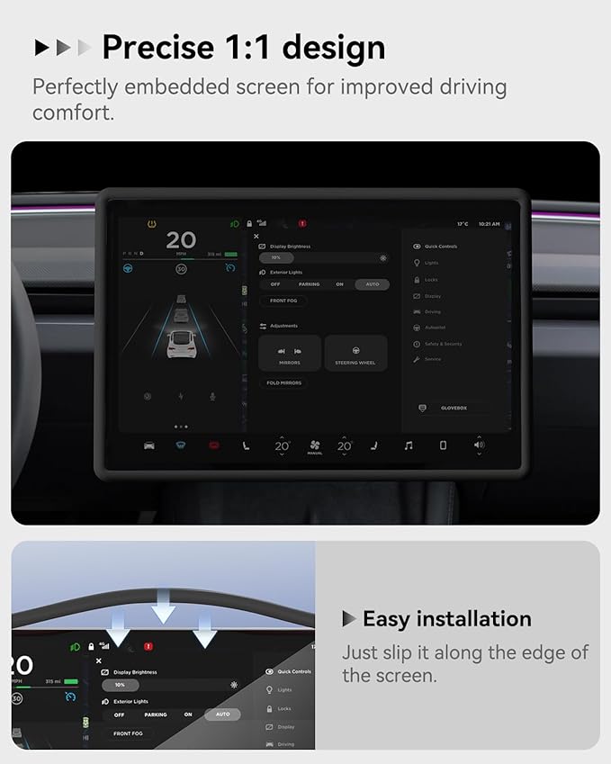 Farmogo Protector Trim Frame for 15.4'' Tesla Model Y & Model 3 Highland 2024-2026 Accessories with Wireless Silicone Charging Mat Screen Edge & Rearview Mirror Protector Frame (3PCS Black)