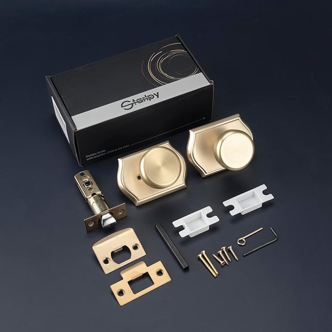 6 Pack Pismo Doorknobs for Bath & Bedroom, Gold Interior Door Knobs with Camelot Trim, Satin Brass Door Knob with Lock