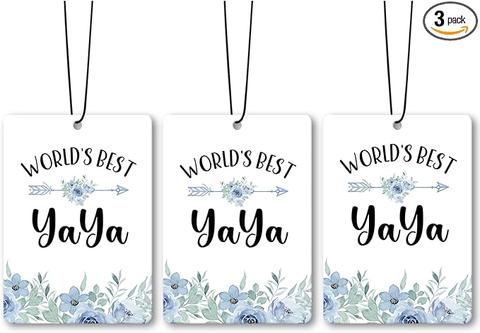 Yaya Grandma Gifts Car Air Freshener Accessories 3pcs, World's Best Gifts for Granmda Christmas, Blue Flower Rustic Hanging Scent Lavender Fragrance Card for Women Closet Bathroom Home Decor