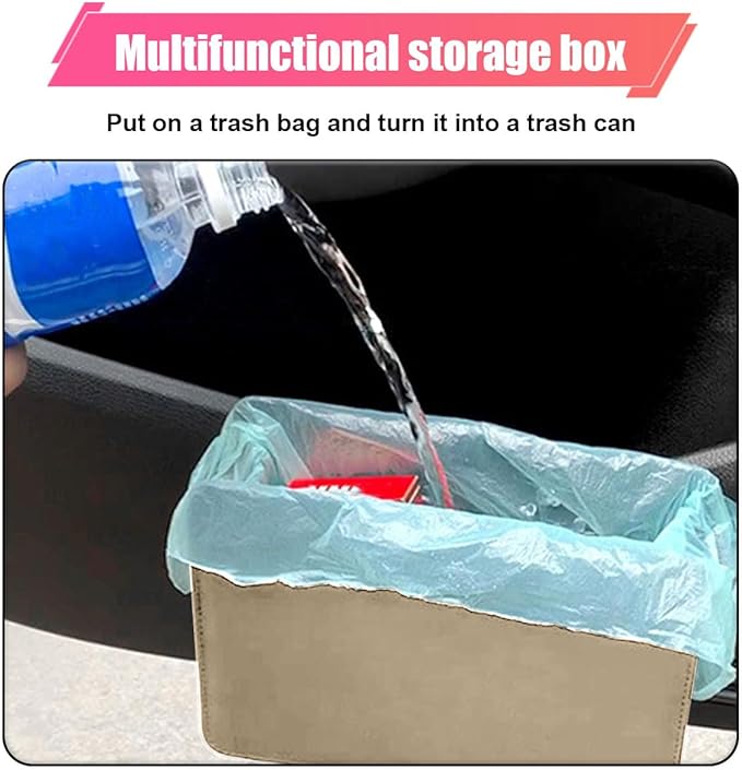 Car Trash Can, Leather Car Garbage Can with One Roll Trash Bag, Foldable Hanging Storage Container, Mini Trash Bin, Vehicle Garbage Organizer Holder for Door Side, Back Seat (Beige)