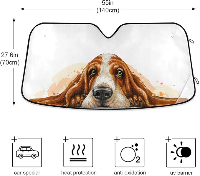 Basset Hound Windshield Sun Shade Basset Hound Sunshade Auto Blocks UV Rays Visor Protector Funny Dog Accordion Folding Sun Reflector Auto Sunshade for Car Truck SUV to Keep Your Vehicle Cool