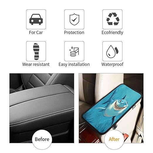 Shark Blue Cartoon Car Auto Armrest Cushion Cover Accessories Center Console Seat Box Pad Protector Universal Decoration for Most Vehicle SUV Truck