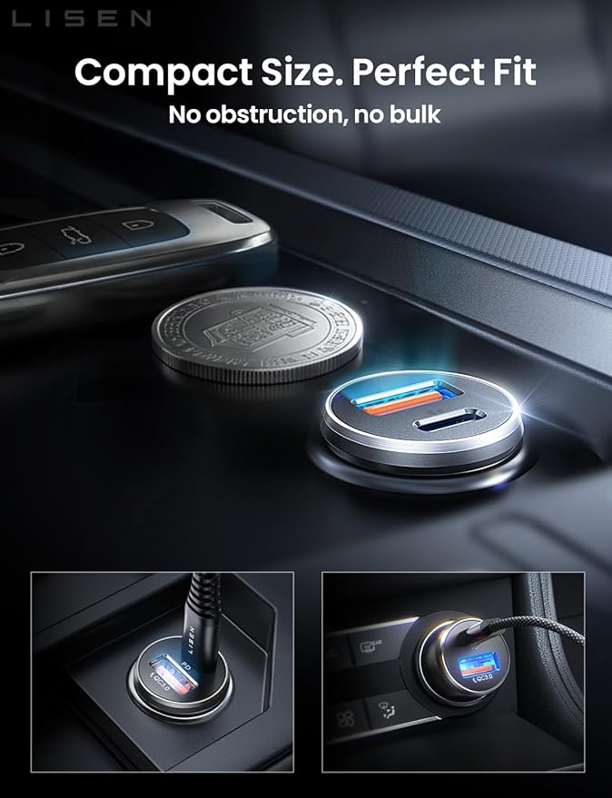 LISEN Car Charger USB C, 69W Cigarette Lighter USB Charger Adapter, Car Accessories Gifts for Men, Mini USBC Cars Fast Charging Adapter USBC Type C 12V Plug Outlet, for iPhone 17 Pro Max 16 15 14 13