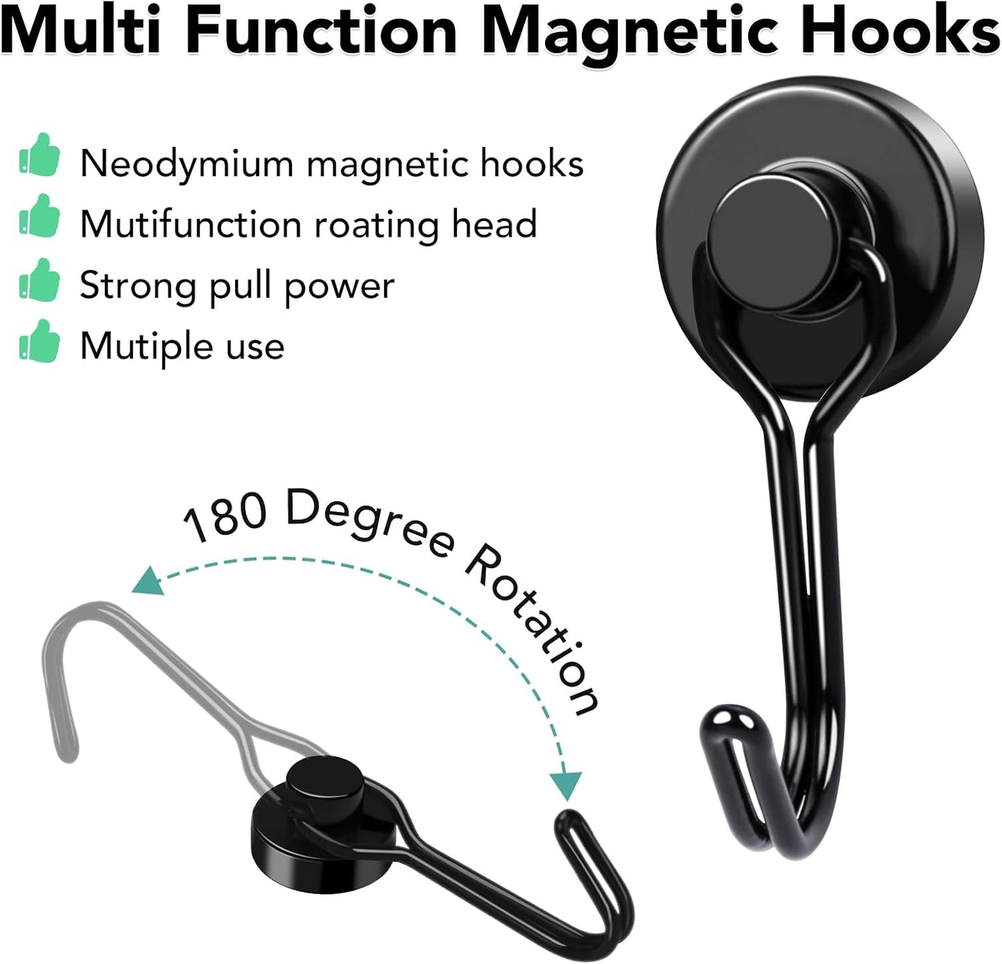 MIKEDE Magnetic Hooks, 40Lbs Heavy Duty Neodymium Magnet Hooks Black Magnetic Swivel Hooks for Hanging, 10 Pack Rust Proof Strong Magnets with Hook Metal Hanger for Fridge, Toolbox, Storage