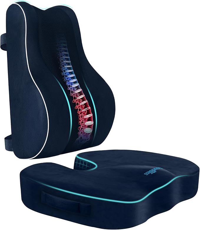 CloudBliss Ergonomic Lumbar Support Pillow Seat Cuhsion - Memory Foam for Lower Back Pain Relief, Adjustable Straps & Mesh Cover for Office, Gaming, Car Seat (Blue)