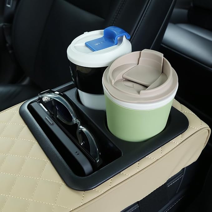 Supin Car Armrest Cushion - Multifunctional Faux Leather Armrest Cushion with Cup Holder, Phone Storage, and Ergonomic Design for All Seasons (Beige)