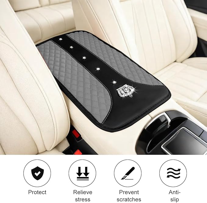 Bling Car Center Console Cover, Crown Crystal Rhinestones Vehicle Armrest Mat Protector, Anti Slip Sparkling Automotive Arm Rest Seat Box Cushion Pad Decor Accessories, Universal Fit (Gray)