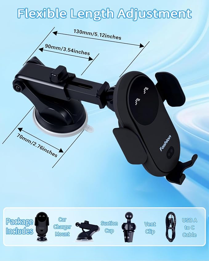Wireless Car Charger, Auto-Clamping 3-in-1 Phone Mount - 15W/10W/7.5W Fast Charging Car Accessories Compatible with iPhone 16/15/14/13/12/11/Xs/XR, Samsung S23 Ultra/S22/S21/S20/S10+/S9(Black)