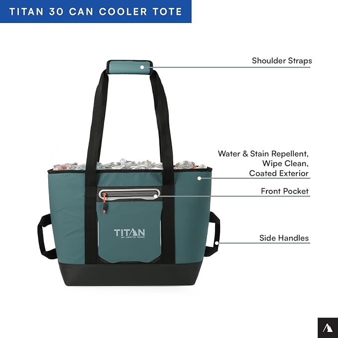 Titan by Arctic Zone Soft Sided Cooler Tote, Insulated Bag with Handle, Shoulder Strap, and Zipper for Lunch, Picnic, and Travel, 30 Can Capacity