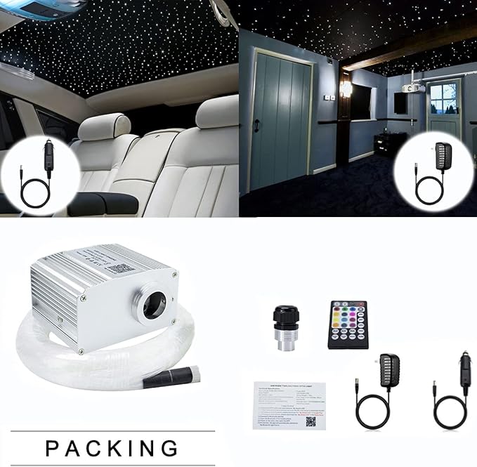 AZIMOM Bluetooth Control 10W Twinkle Fiber Optic Star Lights Ceiling Light Kits with 450pcs*0.03in*9.8ft Strands Sound Activated RGBW APP/ Remote Light Engine for Indoor Car Home Interior Decoration
