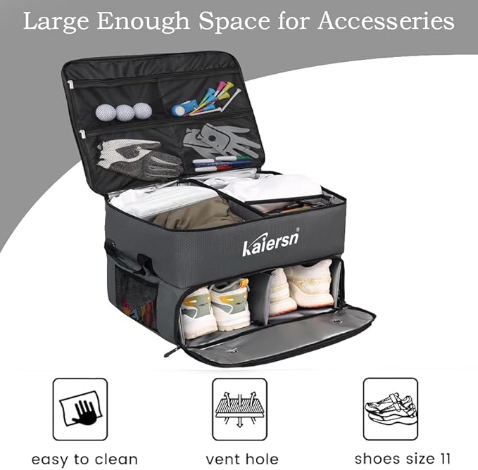 2 Layer Golf Trunk Organizer, Waterproof Car Golf Locker with Separate Ventilated Compartment for 2 Pair Shoes, Golf Trunk Storage for Balls, Tees, Clothes, Gloves, Accessories, Golf Gifts