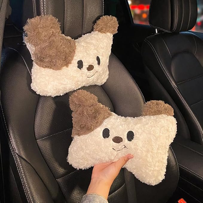 Car Seat Cushions Headrest and Lumbar Support Pillow Set Cute Bear Soft Plush Neck Cushion and Back Support for Long Driving Travel Comfort