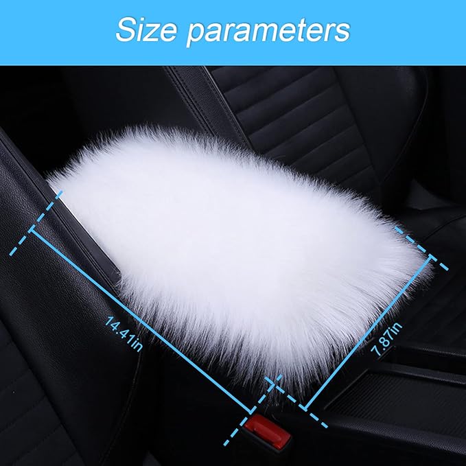 Center Console Cushion Pad/Cover, 11.4"x7.4" Furry Armrest Cover for Cars, Vehicles, SUVs, Premium Sheepskin Wool, Car Interior Accessories for Women(White)
