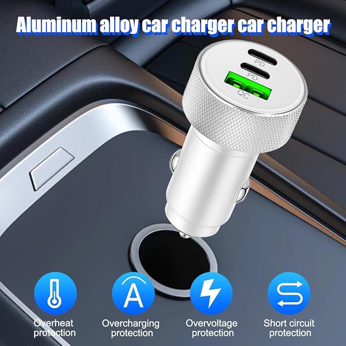 USB C Car Charger, 3-Port 82.5W Dual PD Fast Charging QC Vehicle Power Adapter Cigarette Lighter with Fast Charger Cable, Automotive Charging Accessories, Universal for SUV RV Truck (Silver)
