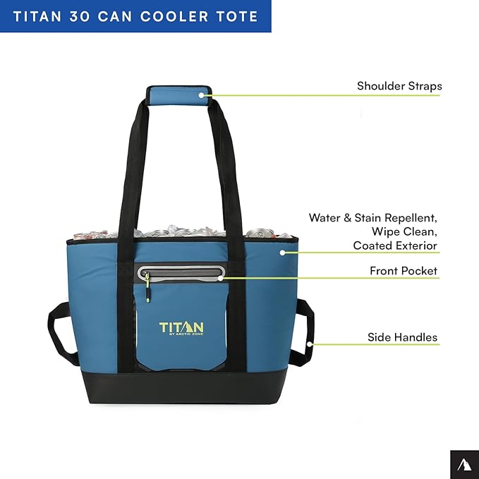 Titan by Arctic Zone Soft Sided Cooler Tote, Insulated Bag with Handle, Shoulder Strap, and Zipper for Lunch, Picnic, and Travel, 30 Can Capacity