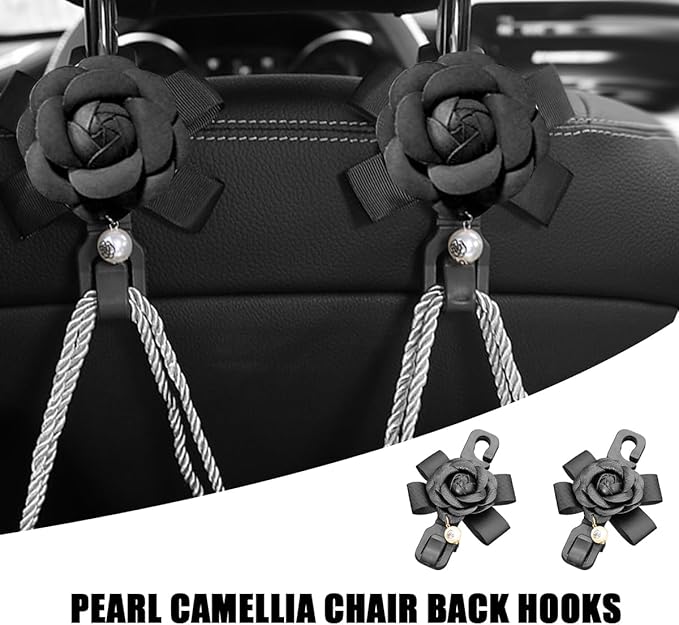 Car Seat Headrest Hook, 2PCS Cute Flower Vehicle Backseat Organizer Hanger for Purse Grocery Bag Coat, Auto Interior Hanging Decor Accessories, Universal for SUV Sedan Truck (Black)