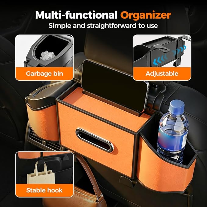 7-in-1 Car Backseat Organizer,Multifunctional Car Organizers and Storage Box with Cup Holder, Tissue Box,Trash Bin,Phone Mount and Hooks,Car Essentials Accessories for Women and Men (Brown)