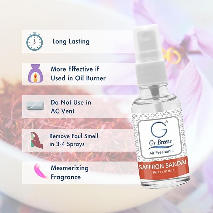 G's Breeze Saffron Sandal Air Freshener – Exotic Blend of Sandalwood & Saffron – Enrich Your Home, Car, and Office With Rich Woody Aroma – Create a Long-Lasting and Inviting Atmosphere Anywhere
