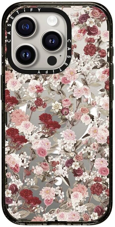 CASETiFY Impact Case for iPhone 15 Pro [8.2ft 4X Military Grade Drop Protection/Compatible with Magsafe] - Vintage Flower Monday - Clear Black