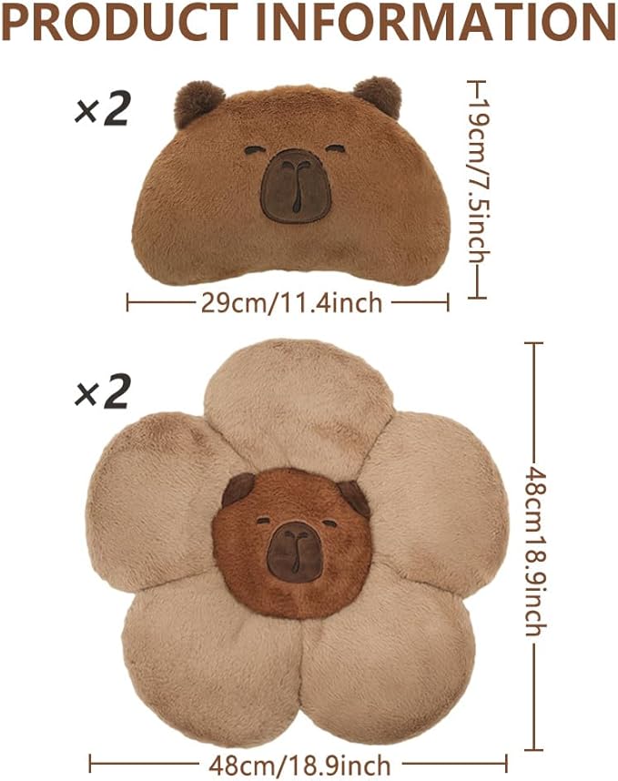 LYFJMUS 4 Pack Plush Capybara Car Headrest Pillow and Lumbar Support Pillow Kawaii Plushies Capybara Stuffed Headrest Cute Car Decor for Car Driving
