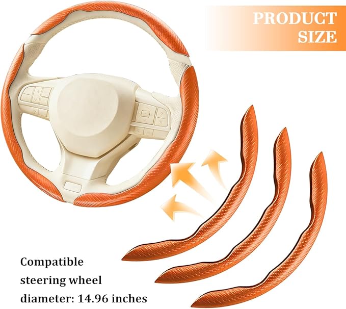3PCS Carbon Fiber Car Steering Wheel Cover, Leather Segmented Anti-Skid Steering Wheel Protector, Snap on Automotive Interior Protection Accessories, Universal for Vehicles (Orange)