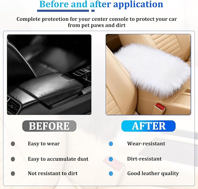 Car Center Console Cover, Fluffy Soft Vehicle Middle Console Arm Rest Cushion Pad, Furry Automotive Interior Armrest Seat Box Protector Decoration Accessories, Universal Fit (White)