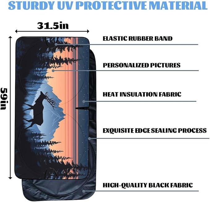 Elk Car Windshield Sunshades Mountain Sunset Forest Starry Night Silhouette Front Window Sun Shade Blocks UV Rays Sun Visor Protector for Car Sedan Truck SUV Accessories 59" L x 31.5" W