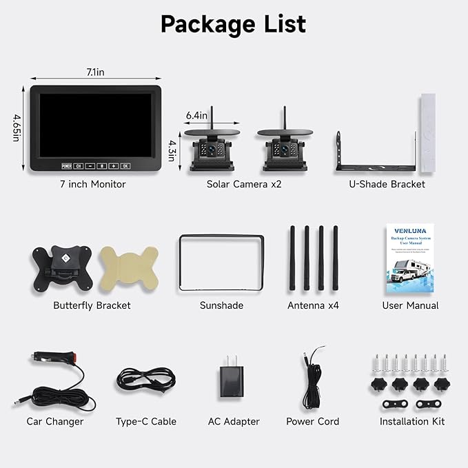 Dual Wireless Magnetic Backup Camera for Trailer - 7” 1080P HD 4CH Monitor with Solar 15000mAh Rechargeable Night Vision Rear Camera, DVR Loop Recording Waterproof No Delay for Truck,RV,Camper