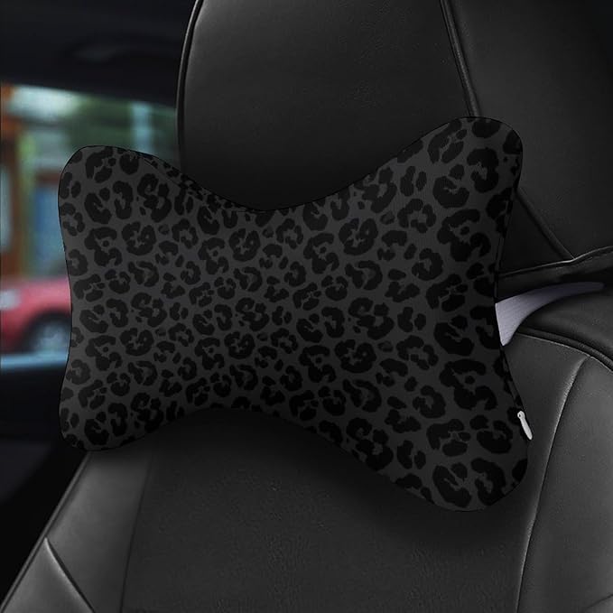 Car Neck Support Pillow 2 Pcs for Neck Pain Relief, Compatible with Dark Gray Black Leopard Cheetah Print Bone Shape Headrest Pillow for Car Seat with Soft Memory Foam
